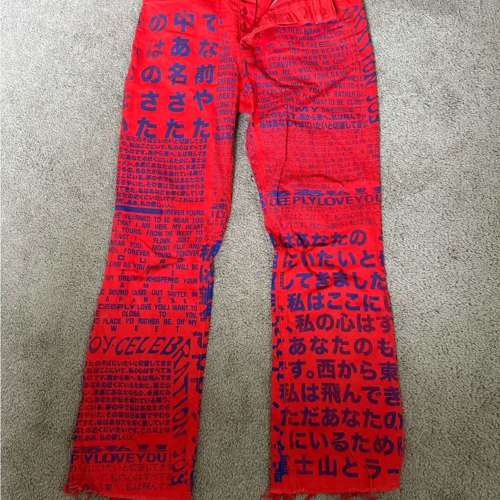 Mother Denim Lost in translation Pants with Blue Text Print tripper ankle fray